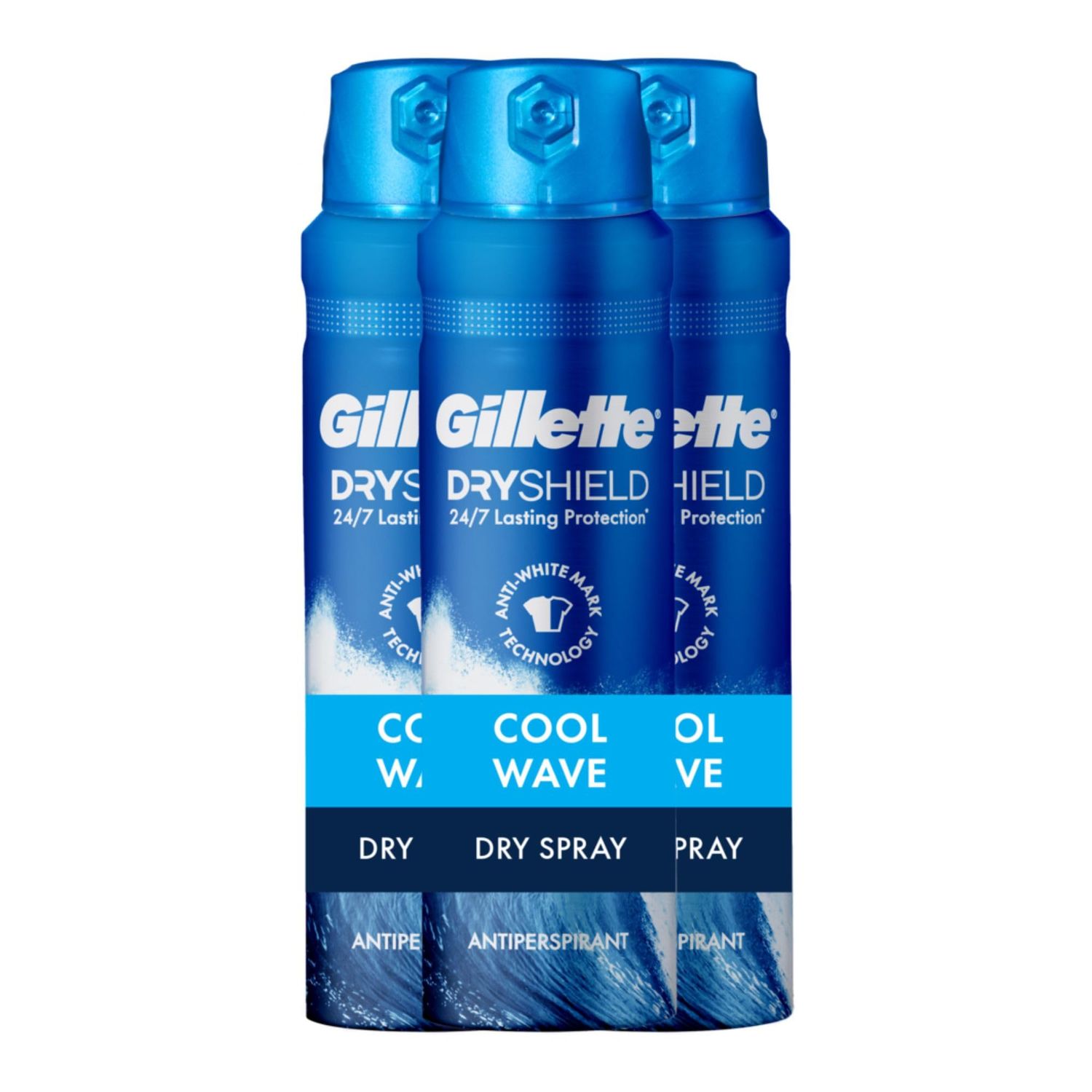 Gillette Dry Spray Antiperspirant and Deodorant for Men, 247 Sweat &amp; Odor Protection, Anti-White Mark Technology, Cool Wave Scent, 4.3 oz (Pack of 3)