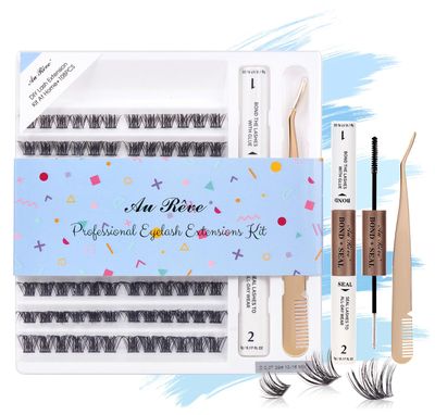 AuReve Eye Lash Extension Lash Kit,DIY Eyelash Extensions Kit, 108 PCS 0.07D 10-16mm Mixed with Waterproof Lash Bond and Seal and Individual Eyelash Tweezers,DIY at Home(108pcs,0.07D 10-16mm)