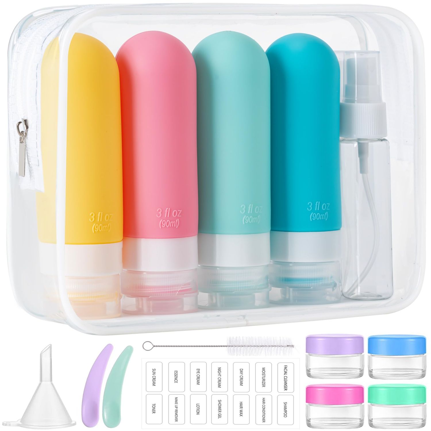 16pack Travel Bottles for Toiletries, TSA Approved LeakProof Squeezable Silicone Toiletry Containers for Shampoo, Conditioner, 3oz Portable Refillable Traveling Size Liquid Containers (16PcsColorful)