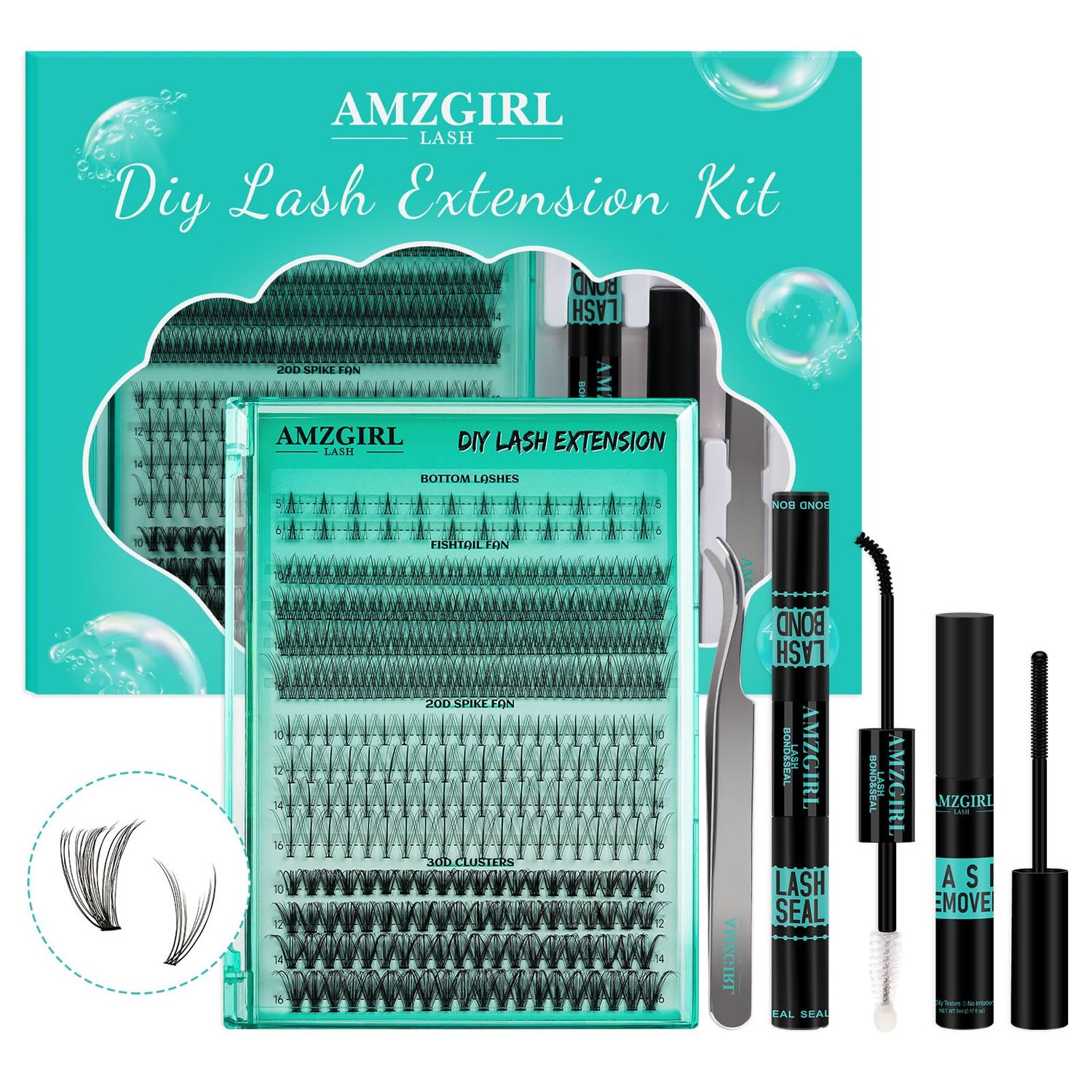 Lash Extension Kit Individual Lash Clusters Kit Bottom Lashes,Fishtail Fan,20D Spike Fan,30D Clusters,Lash Bond and Seal Eyelash Remover and Lash Tweezer DIY at Home by AMZGlRL(D-Mix5-16mm kit)