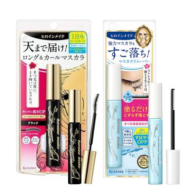 HEROINE MAKE by KISSME Mascara Duo Set | 2 Full-Size - Long &amp; Curl Up Waterproof Mascara Black, Lengthening &amp; Volume Fiber Tubing Mascara  Gentle Eye Makeup Remover for Waterproof Mascara