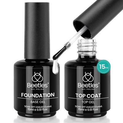 Beetles 2 Pcs 15ml No Wipe Gel Top Coat and Base Coat Set - Shine Finish and Long Lasting, Soak Off LED Nail Lamp Gel Base Top Coat Finish Nail Art Design Manicure Valentines Day Gifts for Women