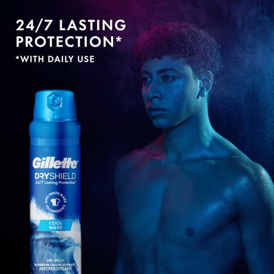 Gillette Dry Spray Antiperspirant and Deodorant for Men, 247 Sweat &amp; Odor Protection, Anti-White Mark Technology, Cool Wave Scent, 4.3 oz (Pack of 3)