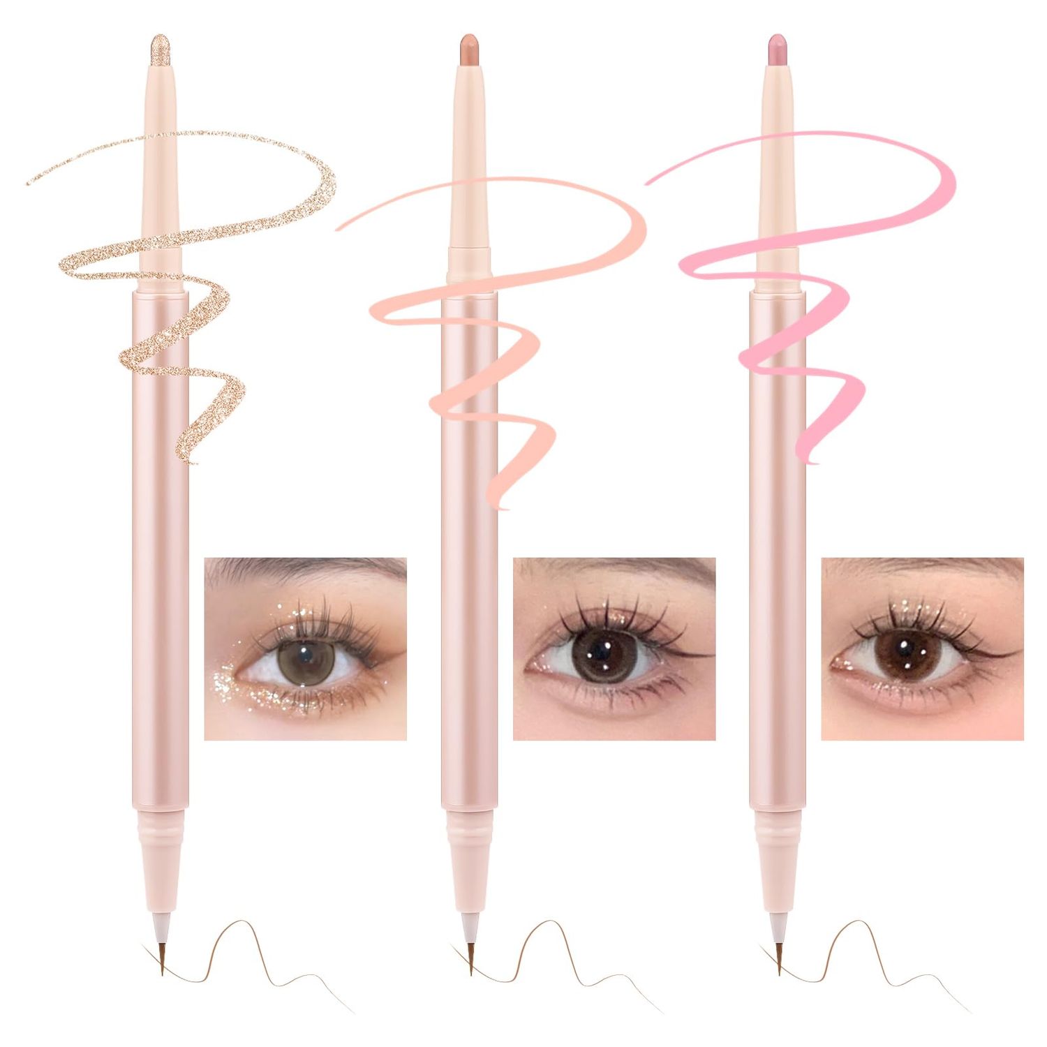 Nobeka 3PC Dual Ended Highlighter Makeup Pen, Glitter &amp; Matte Nude EyeLiner &amp; Eyeshadow, Liquid Contour Liner 2 in 1 Eye Make Up Stick, Mulit-Funtional Long Lasting Lying Silkworm Pencil Set