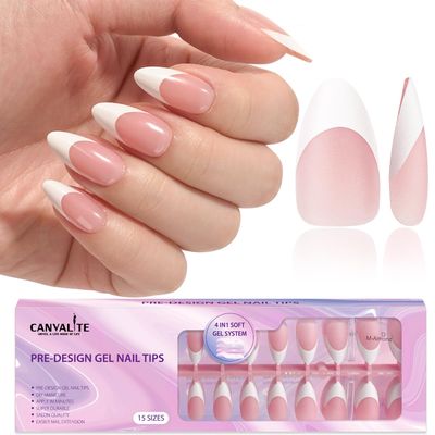 Canvalite French Tip Press on Nails Gel Nail Tips - 300Pcs Pre-Colored Quick and Easy Press on Nails Almond Fake Nails with Designs DIY Nail Extensions, Pink White