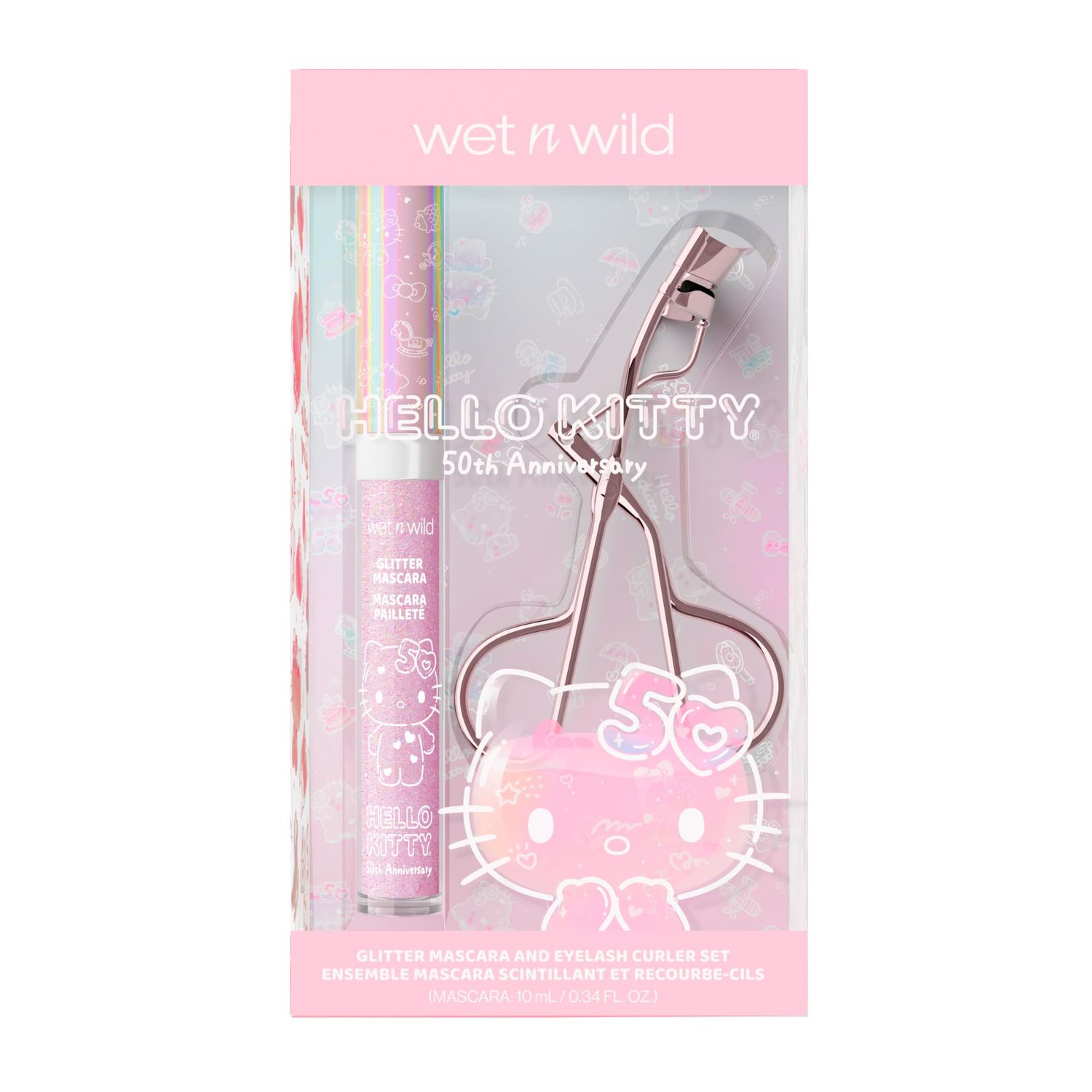 wet n wild Hello Kitty Glitter Mascara &amp; Lash Curler Set - Unbeatable Multi-Functional Duo with Iridescent Pink Glitter, Cruelty-Free &amp; Vegan