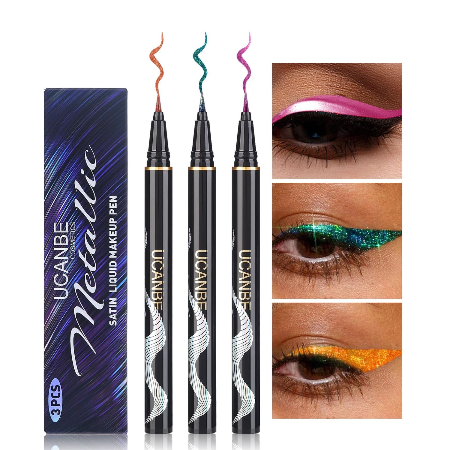 UCANBE 3PC Glitter Liquid Eyeliner Makeup Pen, Green, Pink, Orange Color Metallic Satin Finish Eye Liner Set, Long Lasting High Pigmented with Waterproof &amp; Smudge Proof Formula