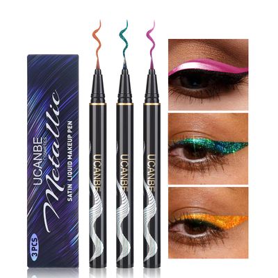 UCANBE 3PC Glitter Liquid Eyeliner Makeup Pen, Green, Pink, Orange Color Metallic Satin Finish Eye Liner Set, Long Lasting High Pigmented with Waterproof &amp; Smudge Proof Formula