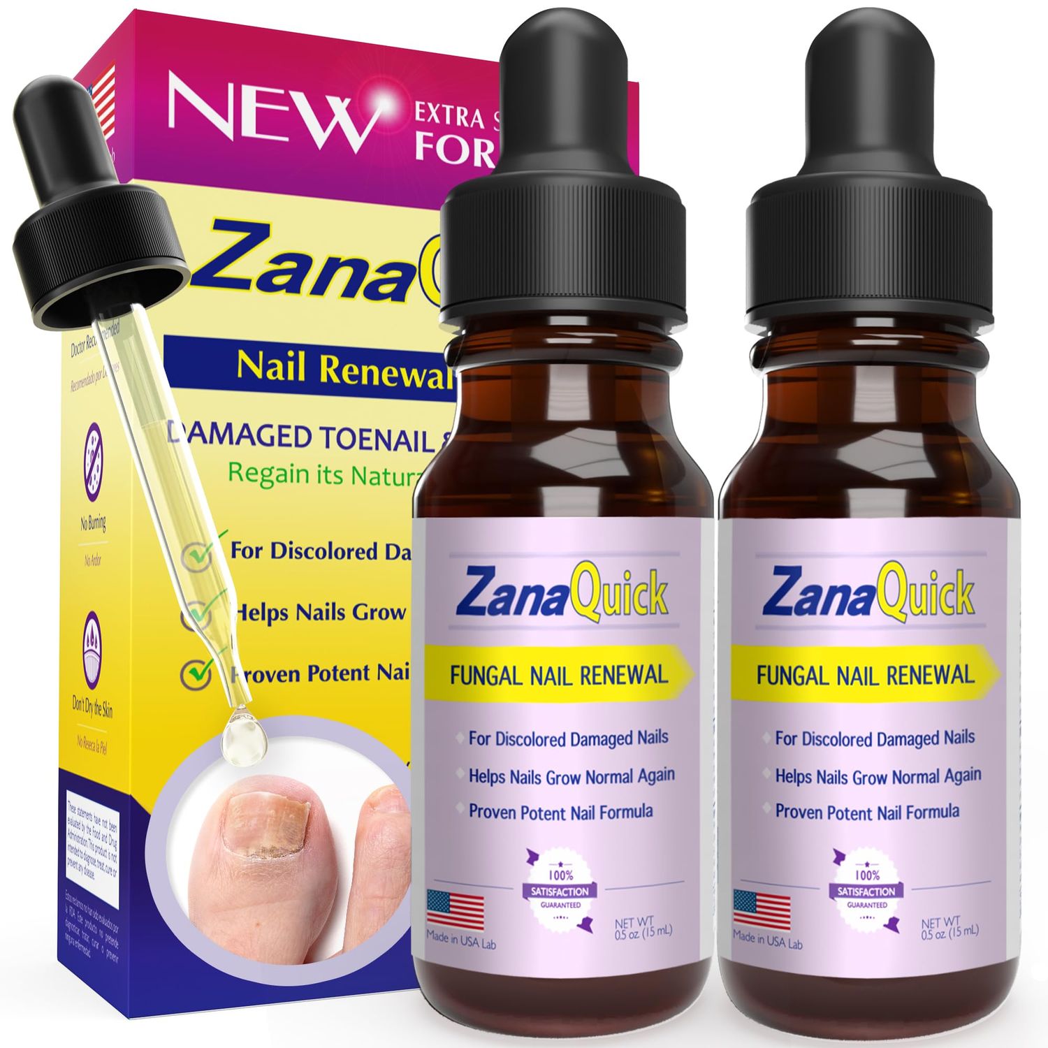 ZanaQuick Extra Strength Toenail &amp; Fingernail Repair Drops - Nail Care Renewal for Thick, Damaged &amp; Discolored Nails - 2 Pack