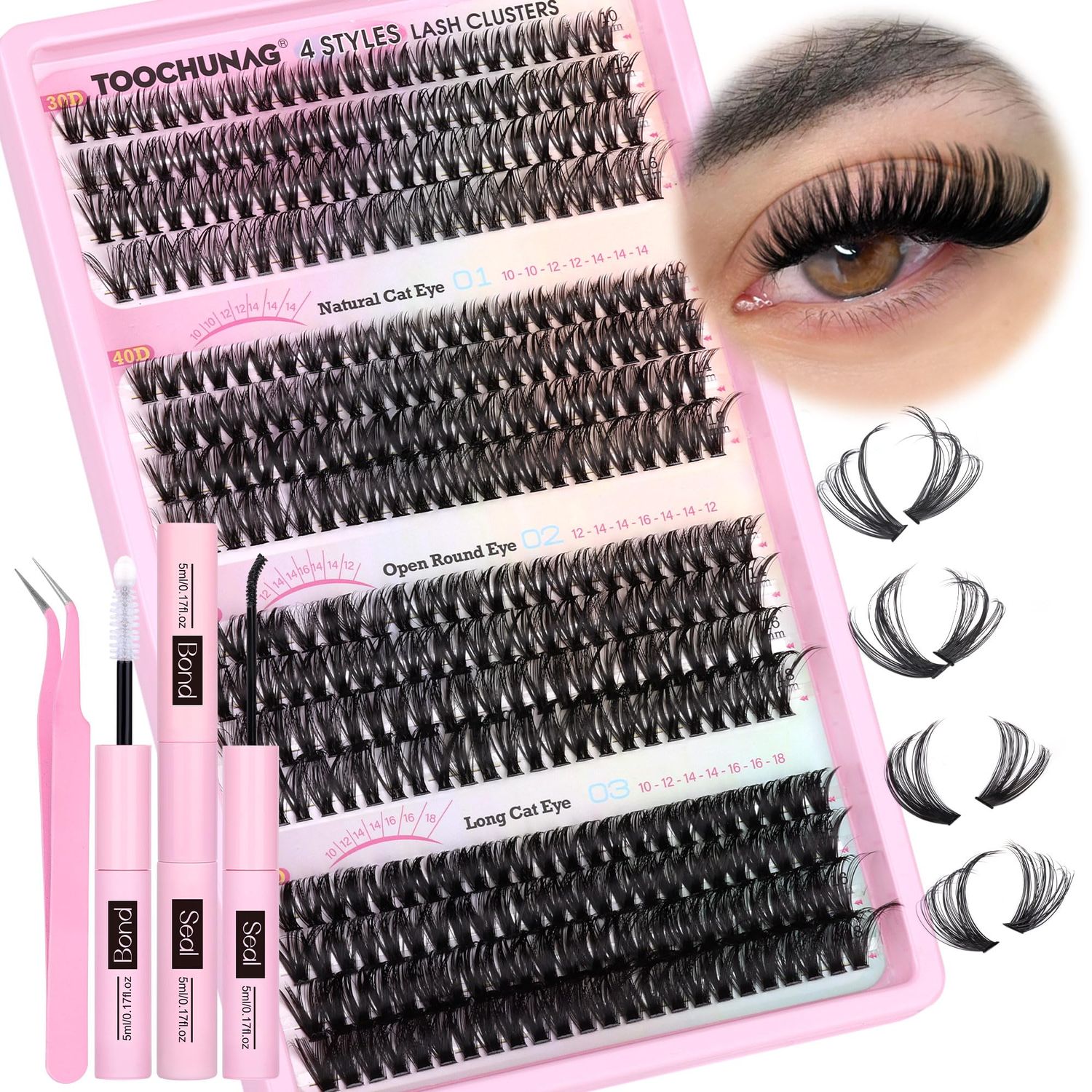 TOOCHUNAG Lash Extension Kit 384pcs Wispy Lash Clusters Kit 30D40D50D60D Mixed Natural Cluster Eyelash Extension Kit 0.05D Individual Lashes with Lash Bond and Seal, Lash Tweezers