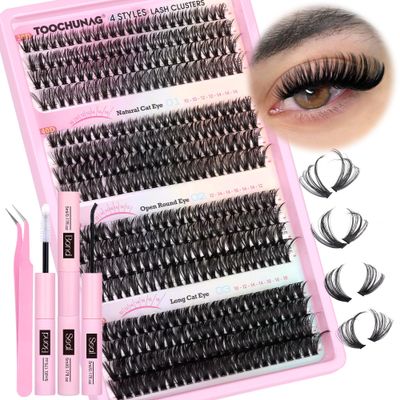 TOOCHUNAG Lash Extension Kit 384pcs Wispy Lash Clusters Kit 30D40D50D60D Mixed Natural Cluster Eyelash Extension Kit 0.05D Individual Lashes with Lash Bond and Seal, Lash Tweezers
