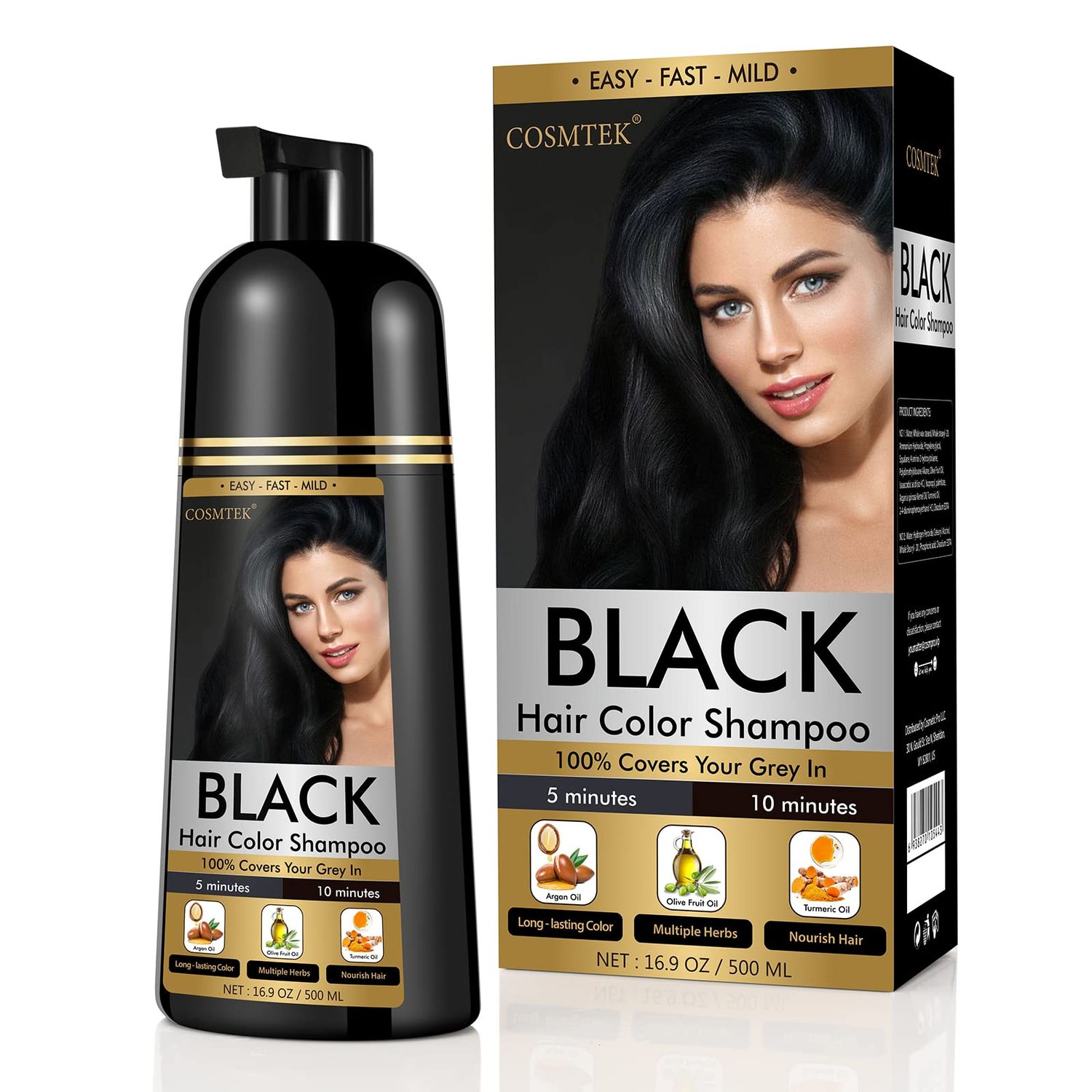 COSMTEK Black Dye Shampoo for Permanent Hair Color - Men&amp;Women, Gray Coverage, Beard &amp; Treated Hair, 3-In-1, 30 Days500mlAmmonia-FreeNatural Herbal