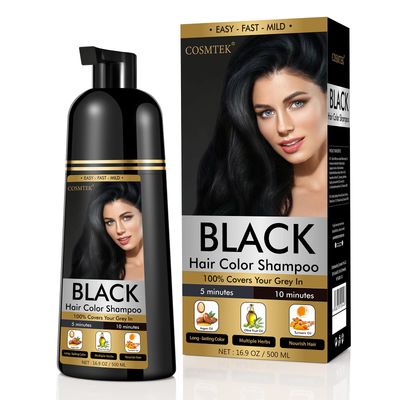 COSMTEK Black Dye Shampoo for Permanent Hair Color - Men&amp;Women, Gray Coverage, Beard &amp; Treated Hair, 3-In-1, 30 Days500mlAmmonia-FreeNatural Herbal