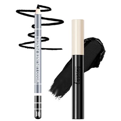 WENJLYJ 2 PCS Black Matte Liquid Lipstick &amp; Lip Liner Set,Velvet Black Lip Gloss Long Lasting Waterproof Lip Stain Non Stick Cup Non Smudge Black Lip Liner and Lipstick Set for Women