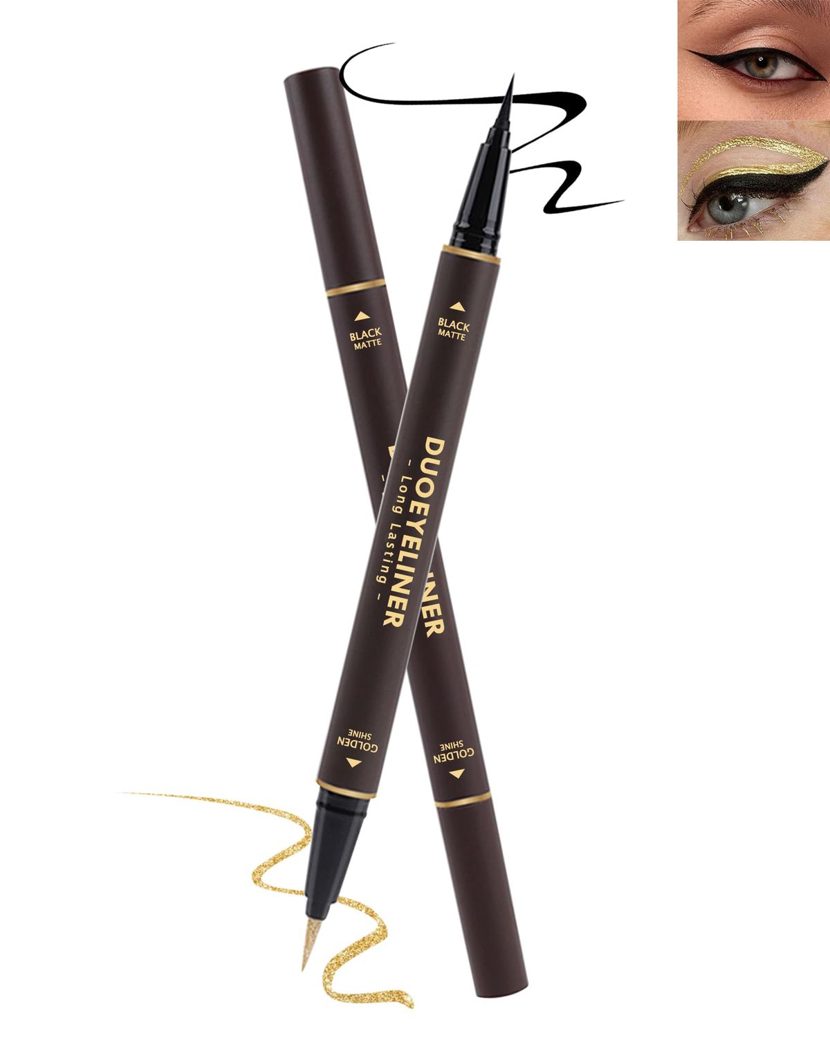 Black Gold Liquid Eyeliner Makeup Pen 2-in-1,Metallic Shimmer Glitter Eyeliner Pencil Waterproof Smudge Proof, Long Lasting High Pigmented Colored Matte Eye liner with Ultra-Fine Tip,Gift for Women-02