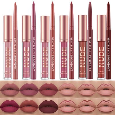 Petansy 12Pcs Lip Liner and Lipstick Set, 6 Colors Matte Liquid Lip Sticks  6 Matching Smooth Nude Lip Liner, All in One Waterproof Long Lasting Lip Gloss Lips Make-up Gift Set for Girls and Women(A)