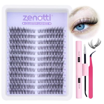 zenotti Lash Extension Kit Cat Eye Lashes DIY Lash Extensions Wispy Cluster Lashes Natural Look 216 Pcs Individual Lashes Left &amp; Right Cluster EyeLashes with Lash Bond and Seal
