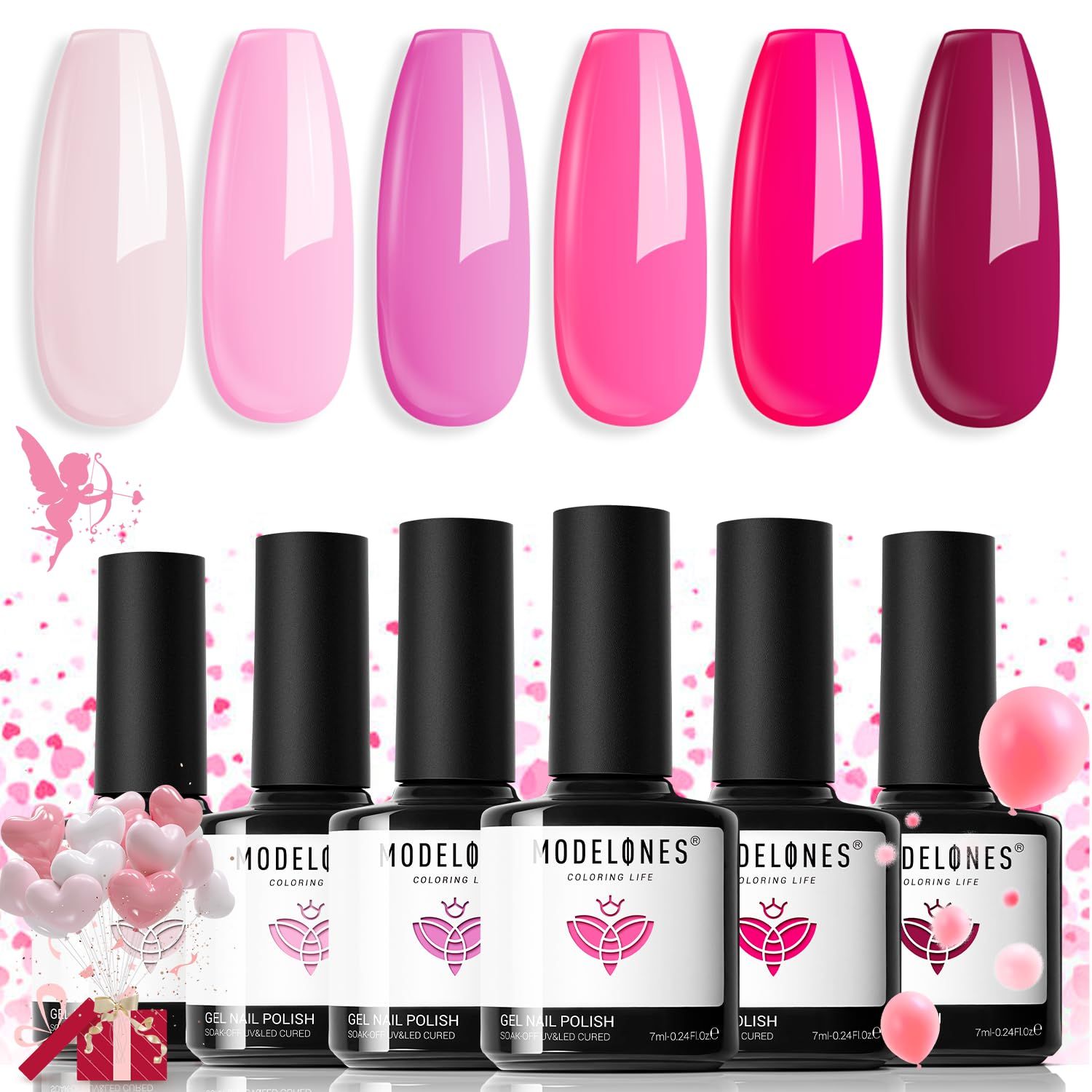 modelones Pink Gel Nail Polish Set 6 Colors, Hot Pink Tones Neon Pink White Shades Magenta Light Soft to Dark 2025 Spring Valentines Day Nail Art Gel Design for Women Girl Nail Lovers Gift Salon DIY