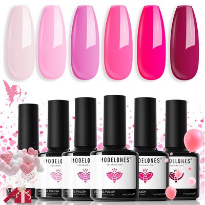 modelones Pink Gel Nail Polish Set 6 Colors, Hot Pink Tones Neon Pink White Shades Magenta Light Soft to Dark 2025 Spring Valentines Day Nail Art Gel Design for Women Girl Nail Lovers Gift Salon DIY