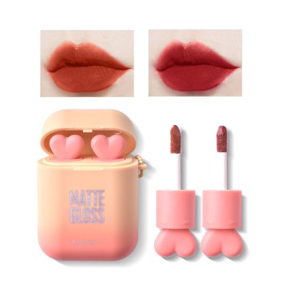 LAMUSELAND Matte Lipstick Makeup Set, 2PcSet Waterproof Long Lasting Velvet Moisturizing Lip Stain Earphone Dual-color Lip Gloss Primer, Non-stick Cup Lip Make Up Gift Kit for Girls (B)