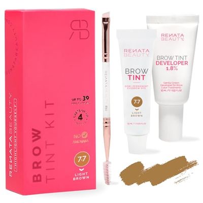 RB RENATA BEAUTY Brow Tint Kit - Eyebrow Tint Set - Dye Kit with Color Tint, Cream Developer and Styling Brush - Long-Lasting Effect Up to 4 Weeks - 30 Applications Light Brown