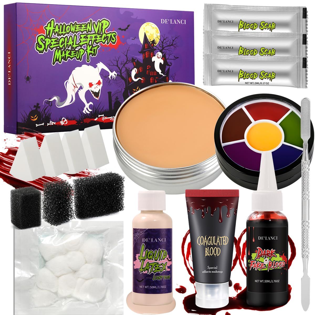 DE&#39;LANCI Halloween SFX Makeup Kit, 17 Pcs Pro Special Effects Stage Makeup for Vampire Zombie Makeup, Easy to Use Demonic FX Set for Beginners with Scar Wax,Liquid Latex,Fake Blood,Bruise Wheel,Cotton