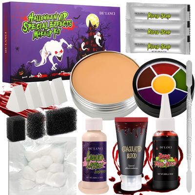 DE&#39;LANCI Halloween SFX Makeup Kit, 17 Pcs Pro Special Effects Stage Makeup for Vampire Zombie Makeup, Easy to Use Demonic FX Set for Beginners with Scar Wax,Liquid Latex,Fake Blood,Bruise Wheel,Cotton
