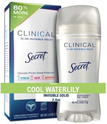 Secret Deodorant and Antiperspirant Clinical Strength for Women, 3X Stress Sweat Protection, PH Balancing Minerals, Invisible Solid, Cool Waterlily Scent, 2.6 oz