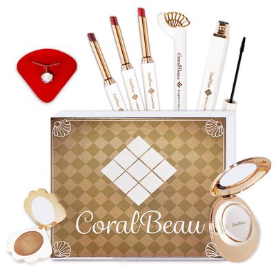 CoralBeau Makeup Kit for Teens - All in One Shell Makeup Kit with Compact BB Cream Powder, Eyeshadow Palette with Brown Shades, Eye Shadow Brush, Mascara, 3 Lipsticks, Necklace - Make Up Gift Set Box