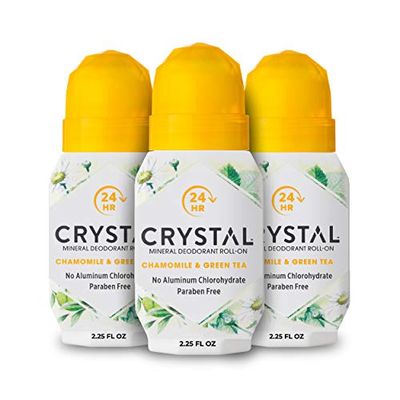 CRYSTAL Mineral Deodorant Roll-On- Body Deodorant With 24-Hour Odor Protection, Non-Staining &amp; Non-Sticky Deodorant with Chamomile &amp; Green Tea, Aluminium Chloride &amp; Paraben Free, 2.25 FL OZ - 3 Pack