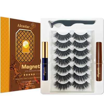 Alcastar Eyelashes Magnetic Lashes Natural,Magnetic Eyelashes and Eyeliner Kit,Reusable,Long Lasting, Easy Apply,Cruelty-Free.1 black1brown)