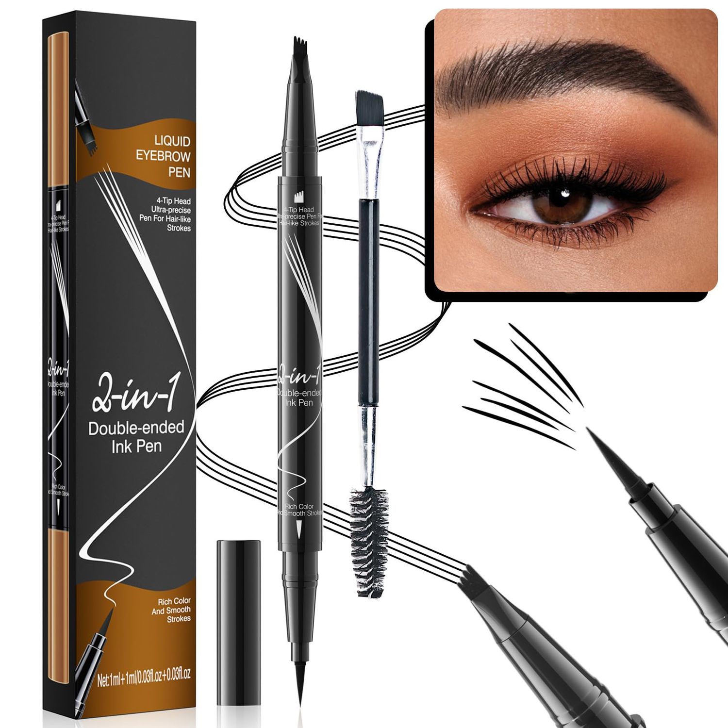 Microblading Eyebrow Pen &amp; Eyeliner - Eyebrow Pencil Magical 2-in-1 Waterproof Eye Brow Pencils for Women with 4-Fork-Tip and Liquid Eyeliner, Create Natural Hair-Like Brows (Black)