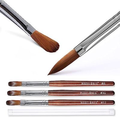 Modelones 3pcs Acrylic Nail Brush Set, Size 81012 Kolinsky Acrylic Brushes for Acrylic Powder Application, Nail Extension, 3D Nail Carving, Round Shaped Nail Art Brushes with Wooden Handle