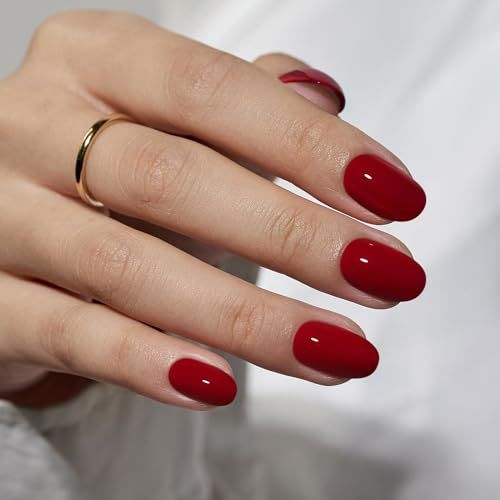 BTArtbox Press On Nails Short - Red Press on Nails Short Oval Nails Fall Fake Nail with Nail Glue, Fit Perfectly, Reusable Glue On Nails in 16 Sizes for Valentine's Day Gift, Cardinal