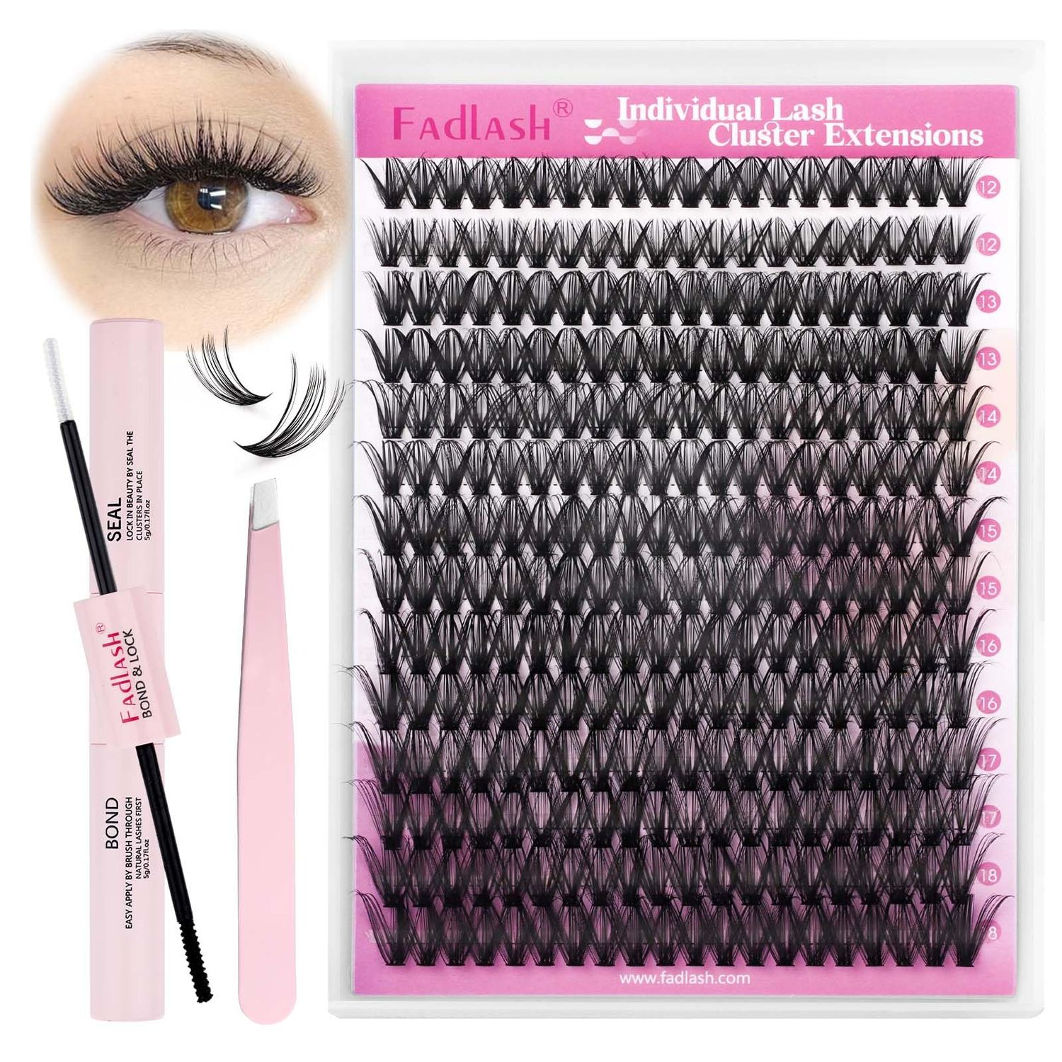FADLASH DIY Lash Extension Kit Individual Lashes Cluster D Curl Eyelash Extension Kit with Lash Bond and Seal and Lash Applicator Tool for Self Application at Home (40D-0.07D-12-18MIX KIT)