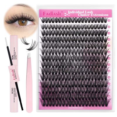 FADLASH DIY Lash Extension Kit Individual Lashes Cluster D Curl Eyelash Extension Kit with Lash Bond and Seal and Lash Applicator Tool for Self Application at Home (40D-0.07D-12-18MIX KIT)