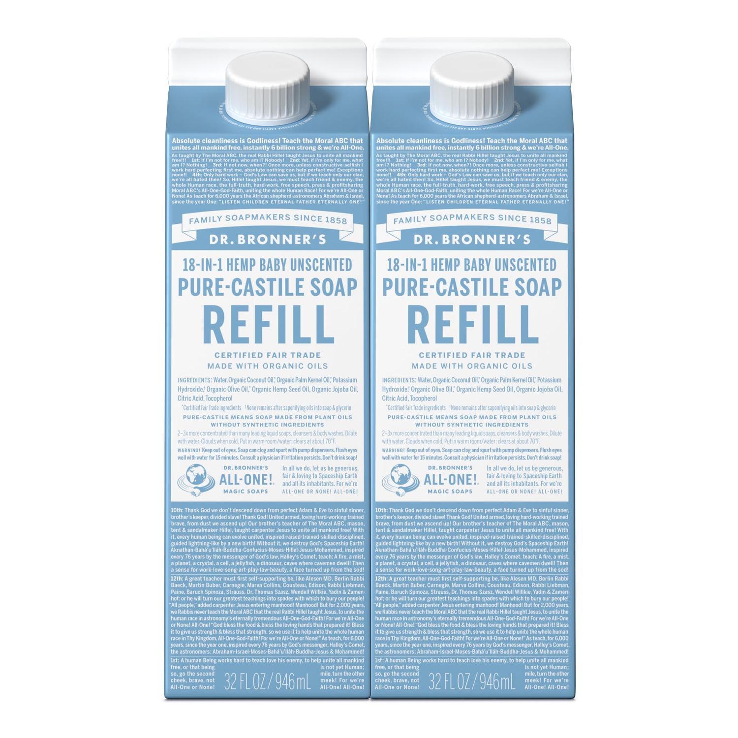 Dr. Bronner&#39;s Pure-Castile Liquid Soap Refill (Baby Unscented 32oz, Pack of 2)