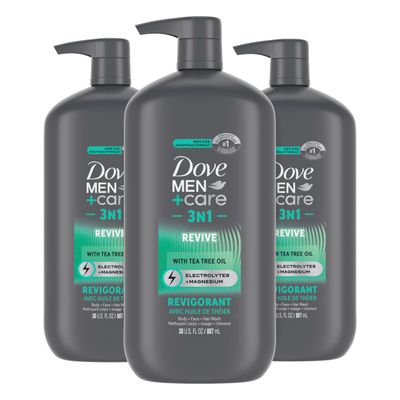 DOVE MEN  CARE Body and Face Wash Invigorating Revive 3N1 3 Count with Tea Tree Oil, with 24-Hour Nourishing Micromoisture Technology, 30 oz