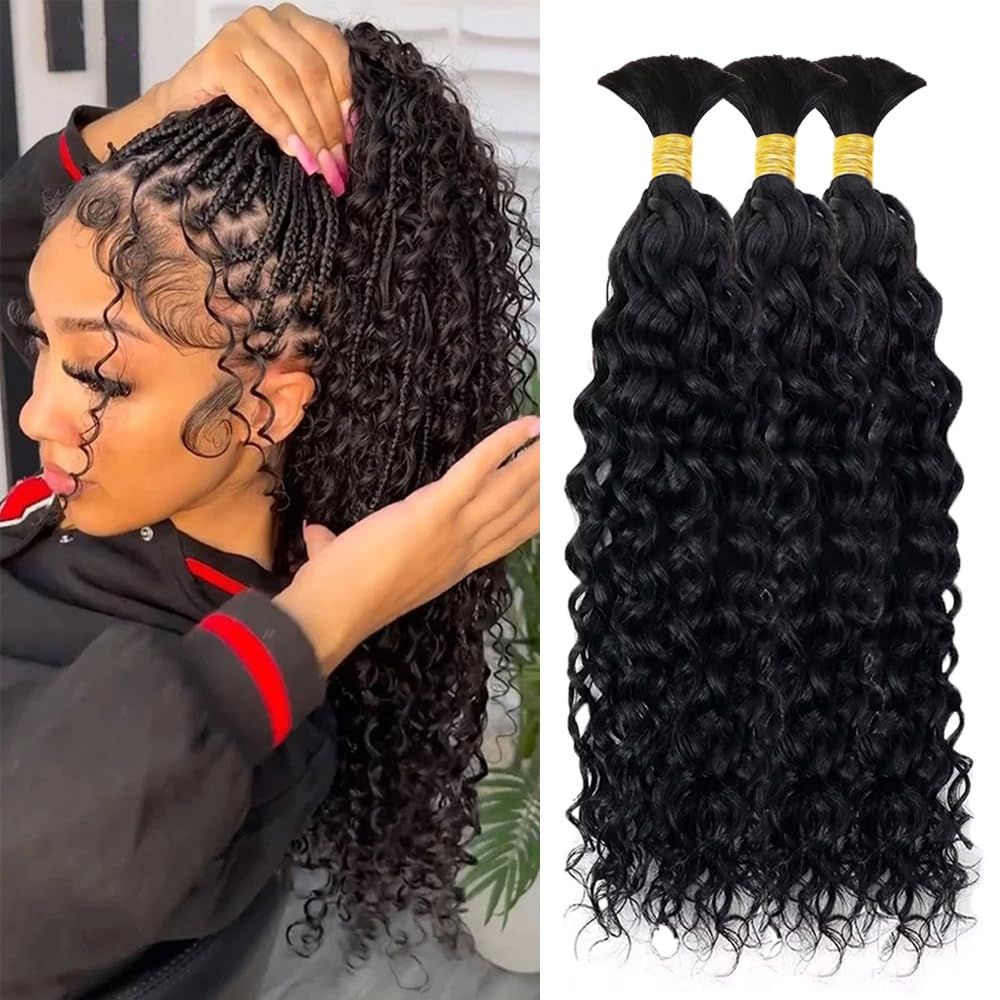 Human Braiding Hair 3 BundlesPack 150g Curly Water Wave Human Bulk Hair for Braiding No Weft 10A Brazilian Virgin Human braiding Hair for Boho Braids Wet and Wavy Braids Extensions (16 16 16inch)