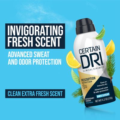 Certain Dri Prescription Strength Clinical Antiperspirant Deodorant Dry Spray, Hyperhidrosis Treatment for Men &amp; Women, Long-Lasting 72hr Protection, Whole Body Deodorant, Extra Fresh Scent, 4.2oz
