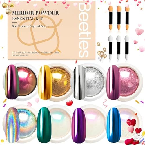 Beetles Chrome Nail Powder Mirror Effect Holographic Aurora Iridescent Pearlescent Manicure Nail Art Decoration Glitter, 8 Colors 1g or 0.5gJar Valentines Day Gifts for Women