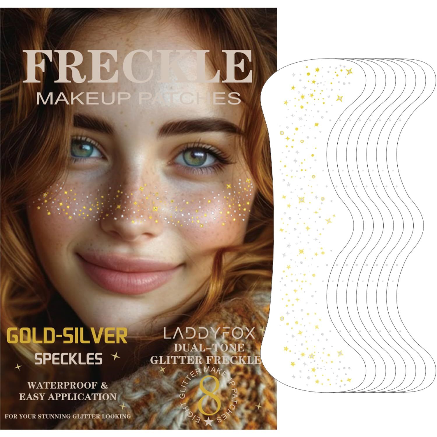 8 Pcs Daul-tone Gold-silver Face Makeup Patches, Glitter Freckles Face Tattoo, Glitter Freckles, Sparkle Makeup Patches, Waterproof Face Glitter Speckles Patches for Women (Gold-silver)