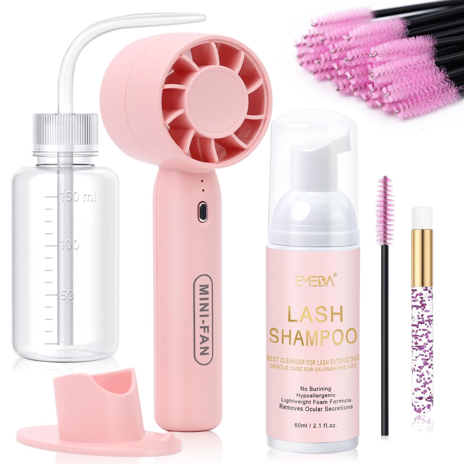 EMEDA Lash Shampoo Kit 2.02 fl oz Lash Cleaning Kit with Rechargeable Fan DryerBrushRinse Bottle, Oil-free Cleanser Wash for Extensions &amp; Clusters &amp; Natural Lashes, Cleaner for Eyelash Care