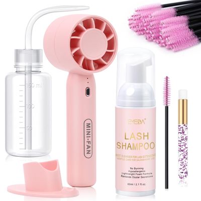 EMEDA Lash Shampoo Kit 2.02 fl oz Lash Cleaning Kit with Rechargeable Fan DryerBrushRinse Bottle, Oil-free Cleanser Wash for Extensions &amp; Clusters &amp; Natural Lashes, Cleaner for Eyelash Care