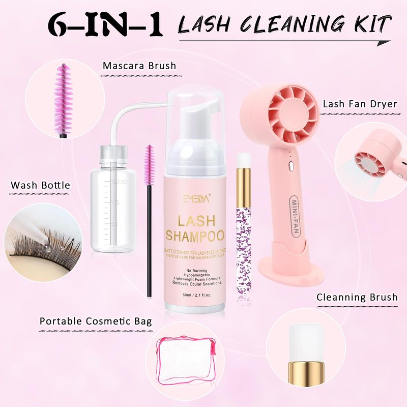 EMEDA Lash Shampoo Kit 2.02 fl oz Lash Cleaning Kit with Rechargeable Fan DryerBrushRinse Bottle, Oil-free Cleanser Wash for Extensions &amp; Clusters &amp; Natural Lashes, Cleaner for Eyelash Care