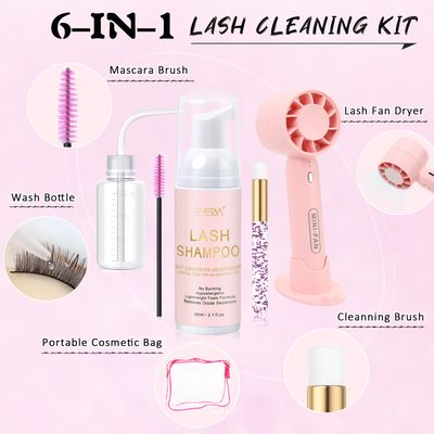 EMEDA Lash Shampoo Kit 2.02 fl oz Lash Cleaning Kit with Rechargeable Fan DryerBrushRinse Bottle, Oil-free Cleanser Wash for Extensions & Clusters & Natural Lashes, Cleaner for Eyelash Care