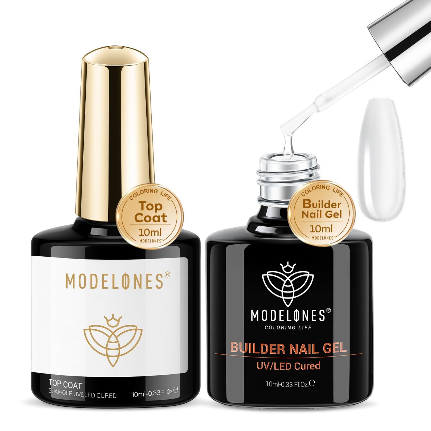 modelones Builder Nail Gel with Gel Top Coat, 8-In-One Clear Gel Builder Acid Free Top Coat for Nail Thickening Apex Building Nail Extension Shine Finish and Long Lasting, LED Nail Lamp Cured 10ml