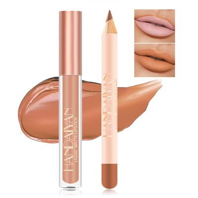 Charm Kiss Lip Liner and Lipstick Makeup Set,Matte Lipstick with Matching Lip Liner,Gloss Long-Lasting Non-Stick Cup,Not Fade Waterproof Nude Velvety Lipstick Makeup Kit (02#)