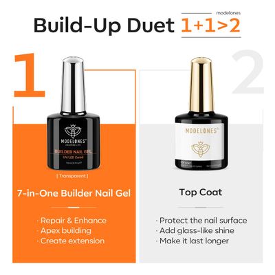 modelones Builder Nail Gel with Gel Top Coat, 8-In-One Clear Gel Builder Acid Free Top Coat for Nail Thickening Apex Building Nail Extension Shine Finish and Long Lasting, LED Nail Lamp Cured 10ml