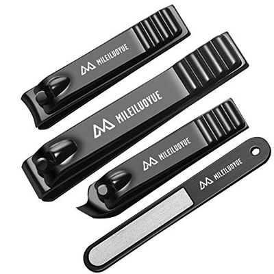 MILEILUOYUE Nail Clippers Set Black Stainless Steel Nail Cutter&amp; Sharp Oblique Toe Nail Clipper &amp; Nail File 4 Pieces, Metal tin Box for Men and Women Suitable for Gifts.
